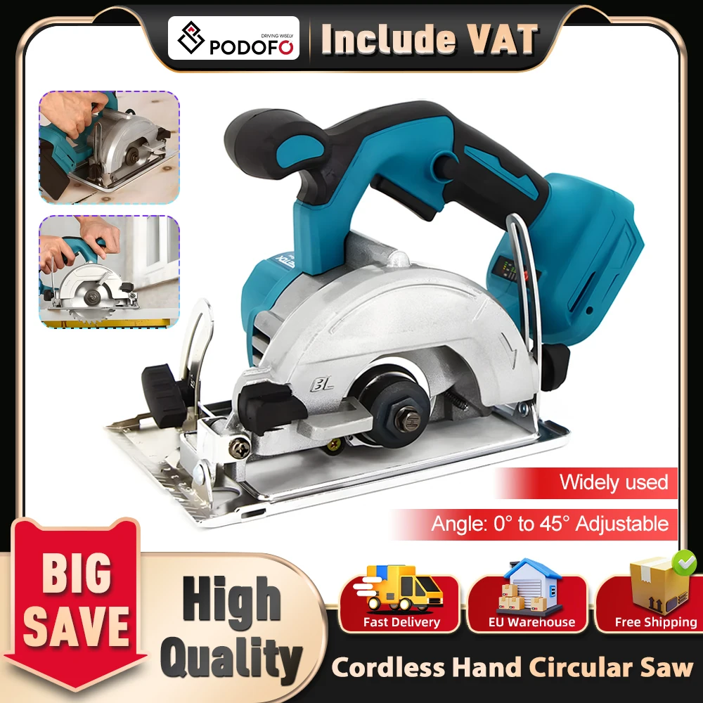Sierra circular eléctrica Podofo de 5'' y 125 mm sin batería ni cargador, herramienta de corte inalámbrica de alta potencia para trabajar la madera, compatible con batería Makita de 18 V