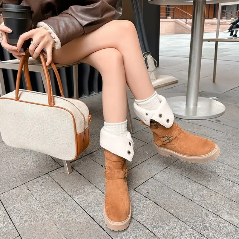 2024 New Autumn Winter Women Motorcycle Boots Lamb Wool Keep Warm British Style Girl Shoes Brown Khaki Leather Luxury