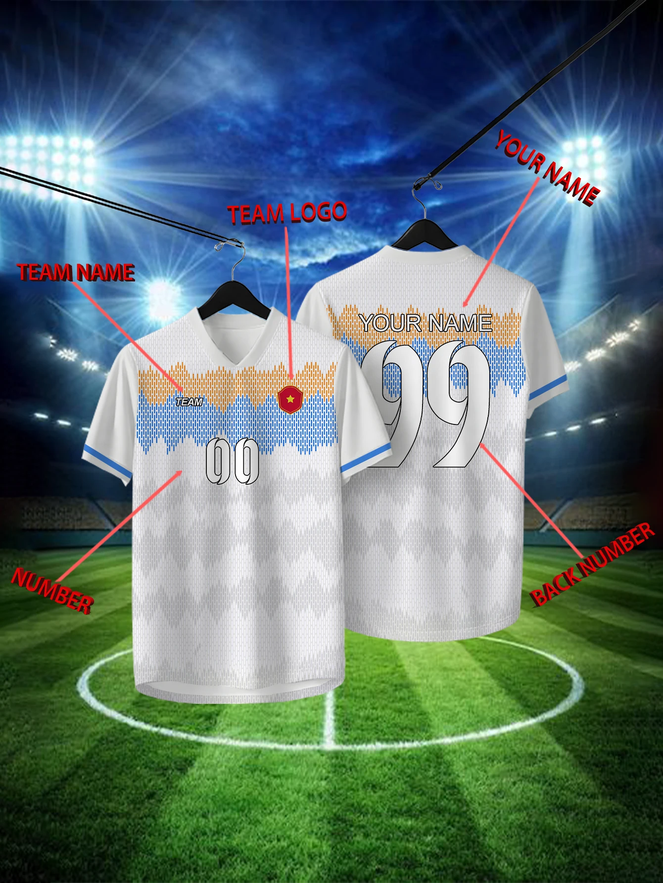 

Customized Geometric White Short Sleeved Shirt with Team Name, Emblem, Name and Number, Outdoor Sports Short Sleeved T-shirt