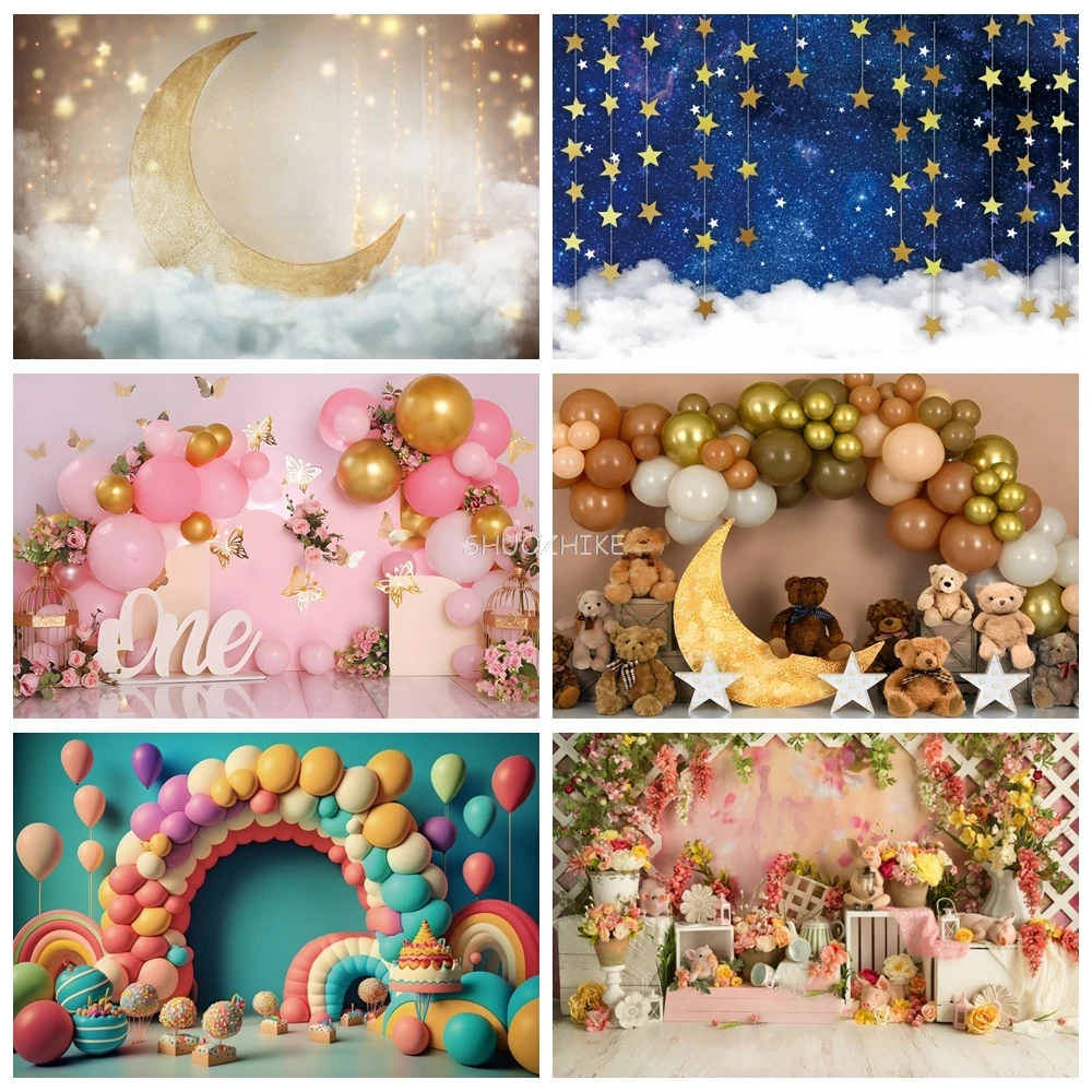 

Dreamy Shiny Gold Moon Star Party Photo Backdrop Baby Shower 1st Birthday Portrait Photographic Backgrounds For Photo Studio