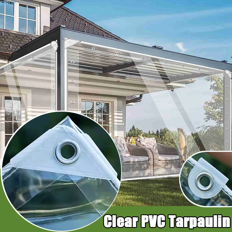 0.35mm/0.55mm Outdoor Patio Transparent Tarpaulin Pergola See Through Tarp Curtain Heavy Duty Terrace Clear Windproof Screen