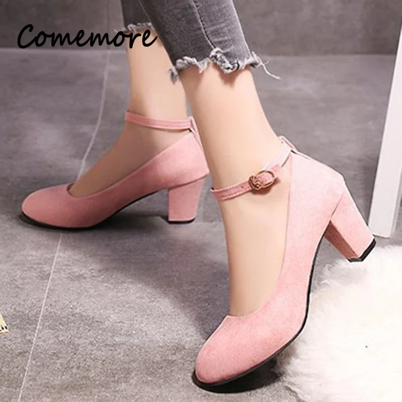 Comemore Dress Shoes Pink Woman Thick Heel Office Ladies Footwear Flock Ankle Strap Pumps Women 2024 Pink Round Toe High Heels