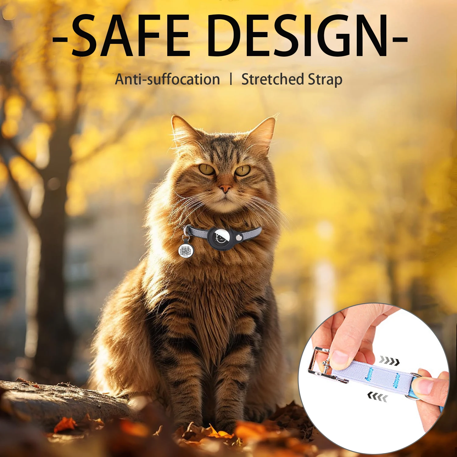 Airtag Holder Cat Collar with QR Tag, Cat Accessories Reflective PU leather Kitten Collars, Cat ID Tag, Safety Elastic bands