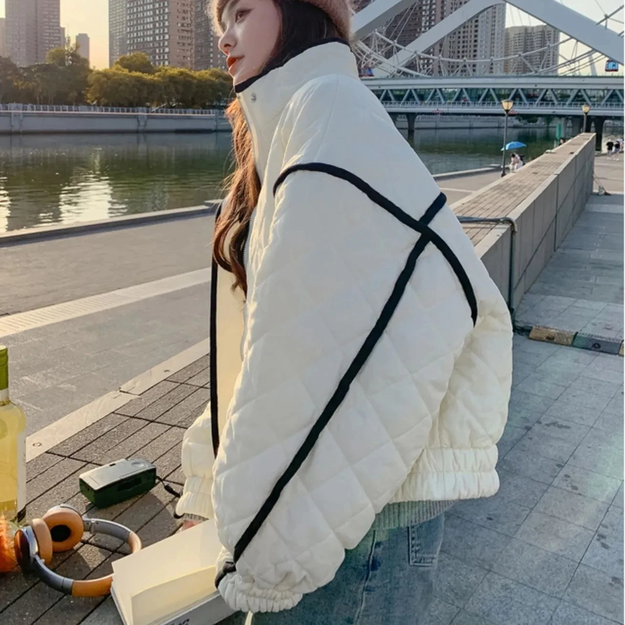 겨울 뉴 다운 코튼 자켓 루즈 한 통근자 스플 라이스 캐주얼 파카 여성 작은 향기 긴 소매 패딩 코트상의