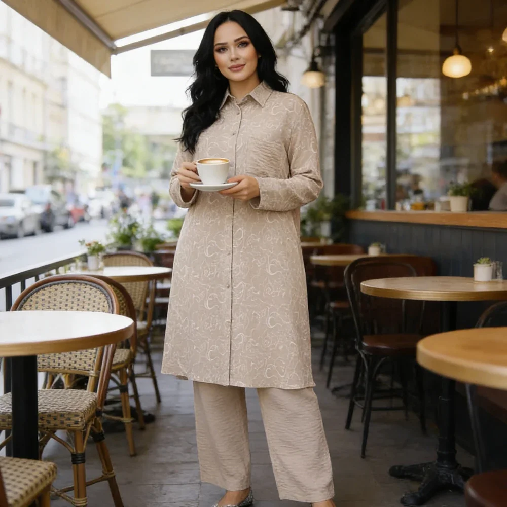 Eid Muslim Women Set Middle East Loose Long Tops and Wide-Leg Pants Femme Musulmane Ensembles Islam Clothing Print Outfits Suit