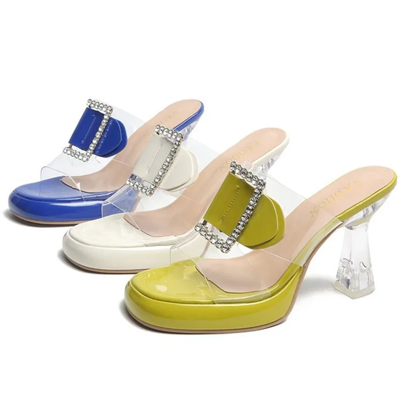 

Rhinestone Metal Buckle Design Slippers Women 2025 Summer Sexy Clear High Heel Slide Sandals Transparent PVC Platform Slippers