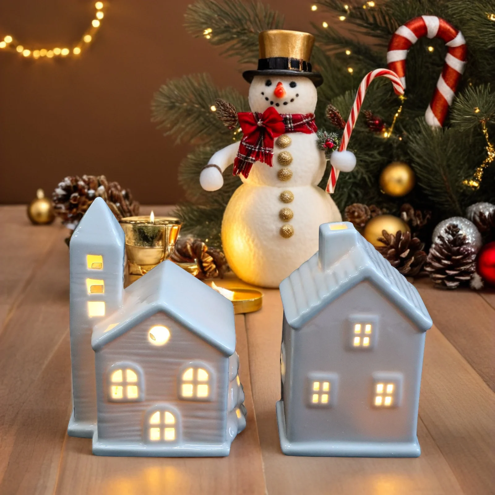 

2Pcs Ceramic LED Christmas Village Houses Porcelain Mini Holiday Hanging Ornaments Table Decor Warm Glowing House Decorations