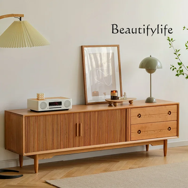 Japanese-style solid wood TV cabinet, cherry wood Nordic simple medieval small apartment living room storage side cabinet