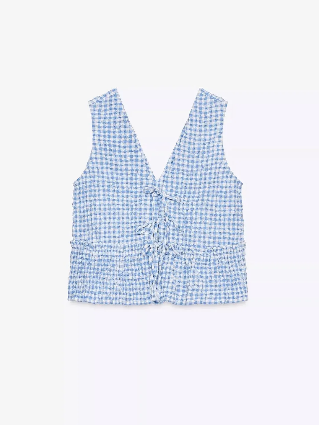 Niebieska kamizelka w kratę z dekoltem w serek, damska, modna, letnia, nowość, luźny krój, bawełna, wzór gingham, asymetryczny krój.