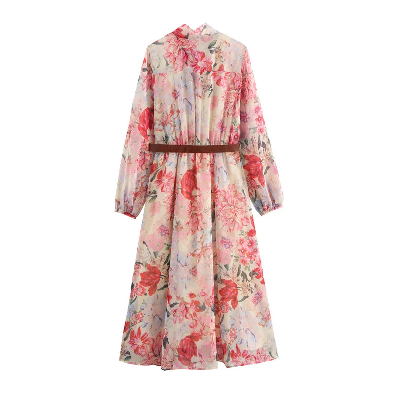 Nuevo vestido midi de manga larga con cuello redondo y cinturón con estampado de flores