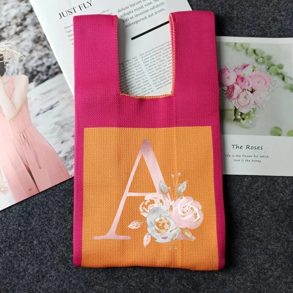 Tote Bags Knit Handbag Wrist Large Capacity Handbags Woven Knot Storage Bag Pouch Portable Purse Pink Flower Letter Print Series