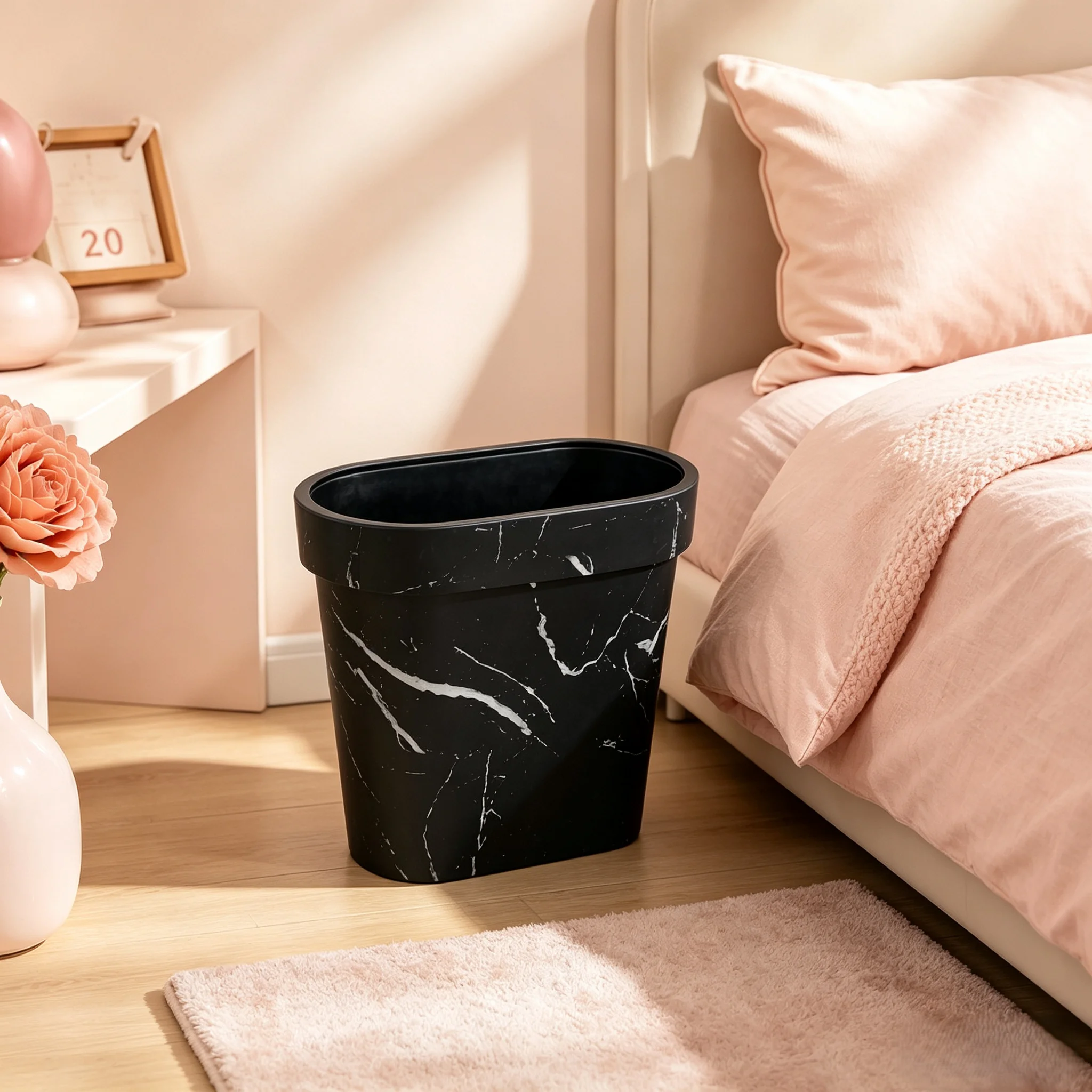 Press Ring Black Marble Pattern Slim Waste Basket, Narrow Profile Corner Trash Bin for Indoor Household Use