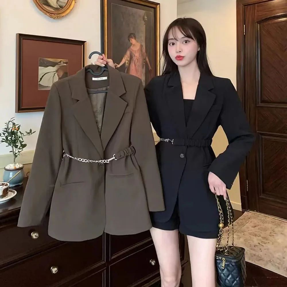 

Spring New Korean Popular Personalized Suit Jackets Womens Leisure Women's Fashion Single Breasted Blazer Coat Chain Belt Jacket