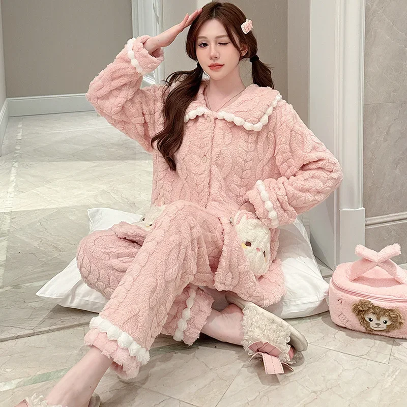 5XL Plus Size Winter Women\'s Pajama Set Sweet Flannel Home Clothes Padded Thickened Fleece-lined Coral Velvet Warm Sleepwear