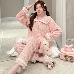 5XL Plus Size Winter Women's Pajama Set Sweet Flannel Home Clothes Padded Thickened Fleece-lined Coral Velvet Warm Sleepwear