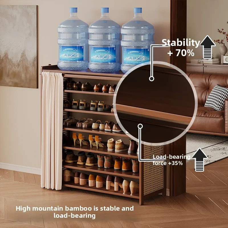 Rattan breathable bamboo shoe cabinet, dust-proof cloth curtain shoe storage rack, multi-layer narrow shoe rack, storage rack