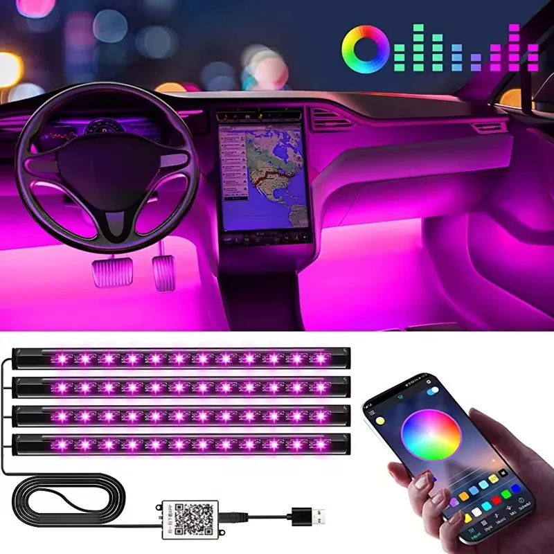 RGB جو السيارة ضوء الزخرفية ثمانية ألوان LED شريط إضاءة داخلي مع USB التحكم عن بعد إضاءة البيئة القدم
