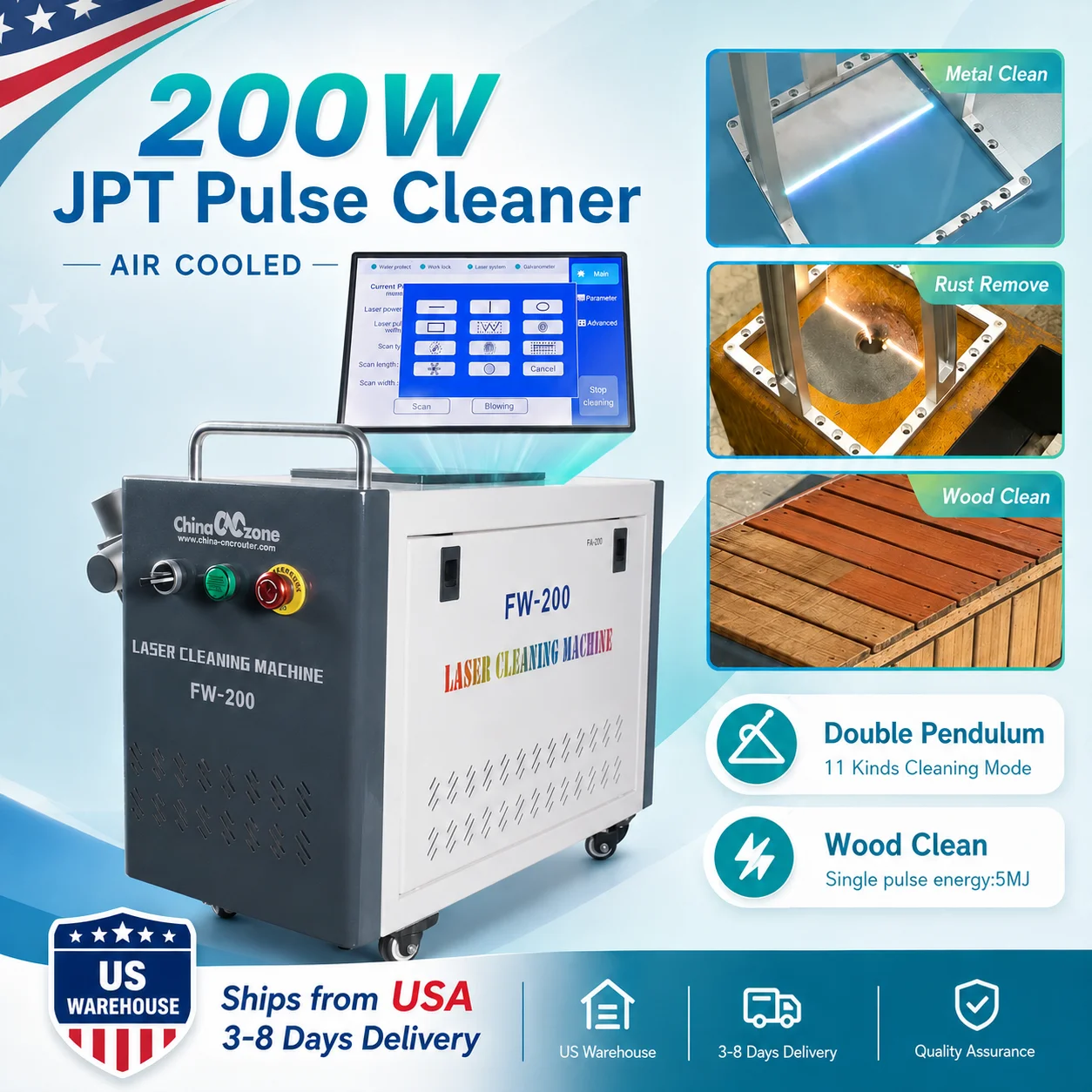 200W JPT Pulse Cleaner Portable Pulse Cleaning Machine Wood Cleaner for Stain Removal Wood Stainless Steel Furniture Double Pendulum Head 110V US Plug