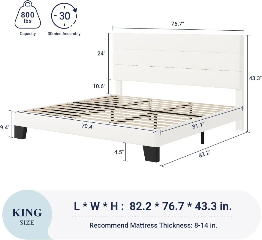 King Size Platform Bed Frame with Velvet Upholstered Headboard and Wooden Slats Support Fully Upholstered Mattress Foundation