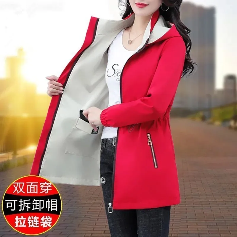 สองด้าน Trench Coat ผู้หญิง 2025 ฤดูใบไม้ผลิใหม่ฤดูใบไม้ร่วง Casual Hooded เสื้อผ้ากลางความยาว Windbreaker หญิงหลวม ...