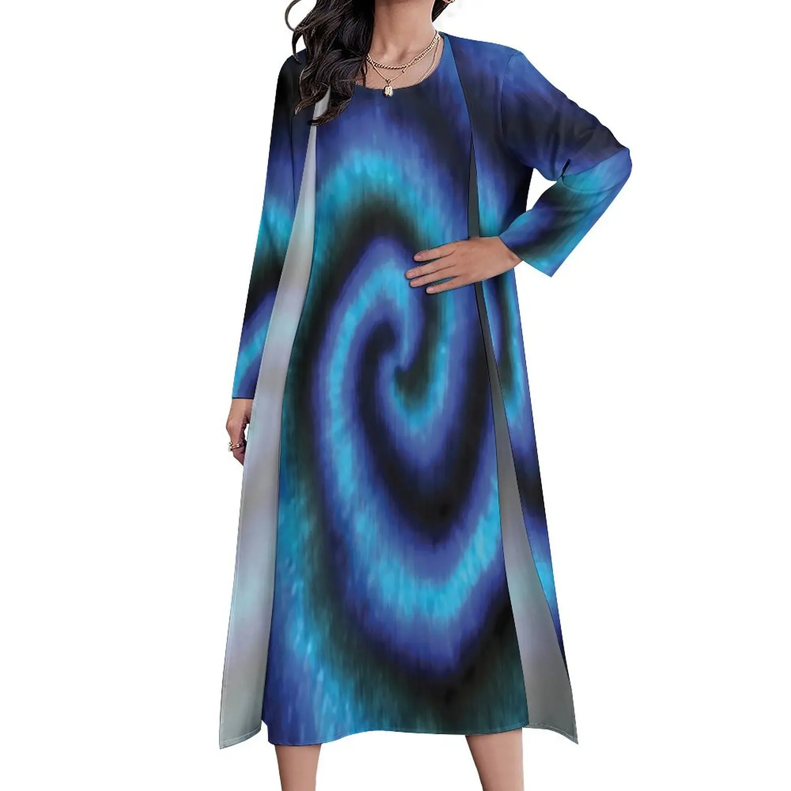 

Black Tie Dye Dress Blue Spiral Print Maxi Dress Streetwear Casual Long Dresses Ladies Long Sleeve Pattern Big Size Vestidos