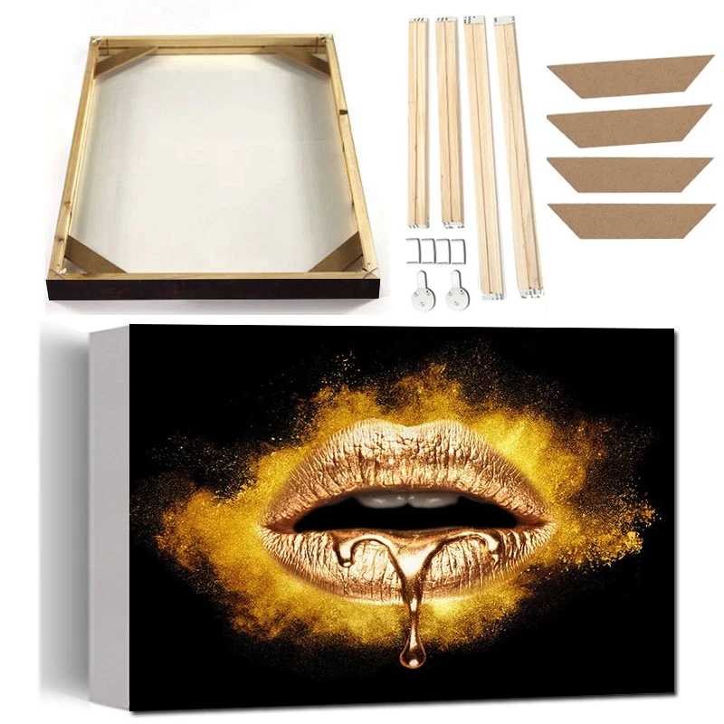 Black Gold Lips Canvas Art Painting with Frame Sexy Bullet Mouth Poster Prints Modern Abstract Wall Picture for Living Room