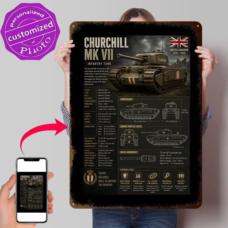 Churchill Mk VII Infantry Tank Personalized 3D Textured Metal Poster Wall Art Vintage Tin Signs for Decor Room Decoration Gaming