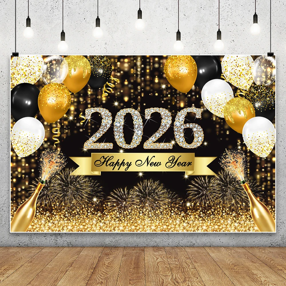 2026 Selamat Tahun Baru Latar Belakang Jam Kembang Api Kaca Sampanye Balon Berkilau Emas Latar Belakang Foto Pesta Festival Tahun Kuda