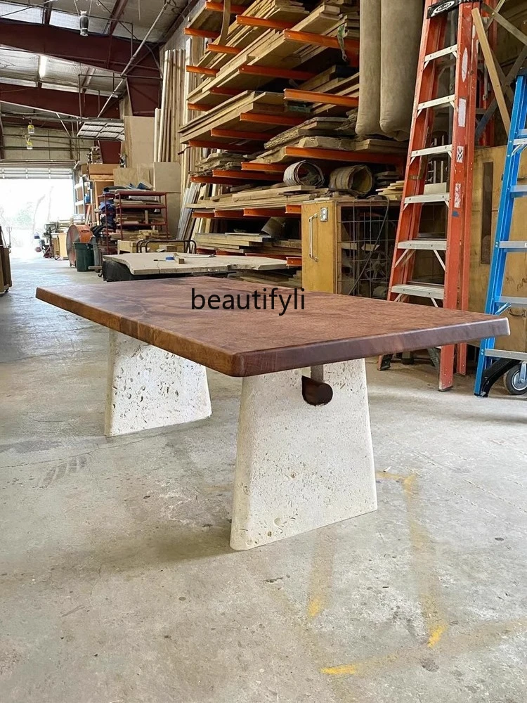 

Medieval wabi style rectangular solid wood dining table, simple and modern, travertine art retro dining table
