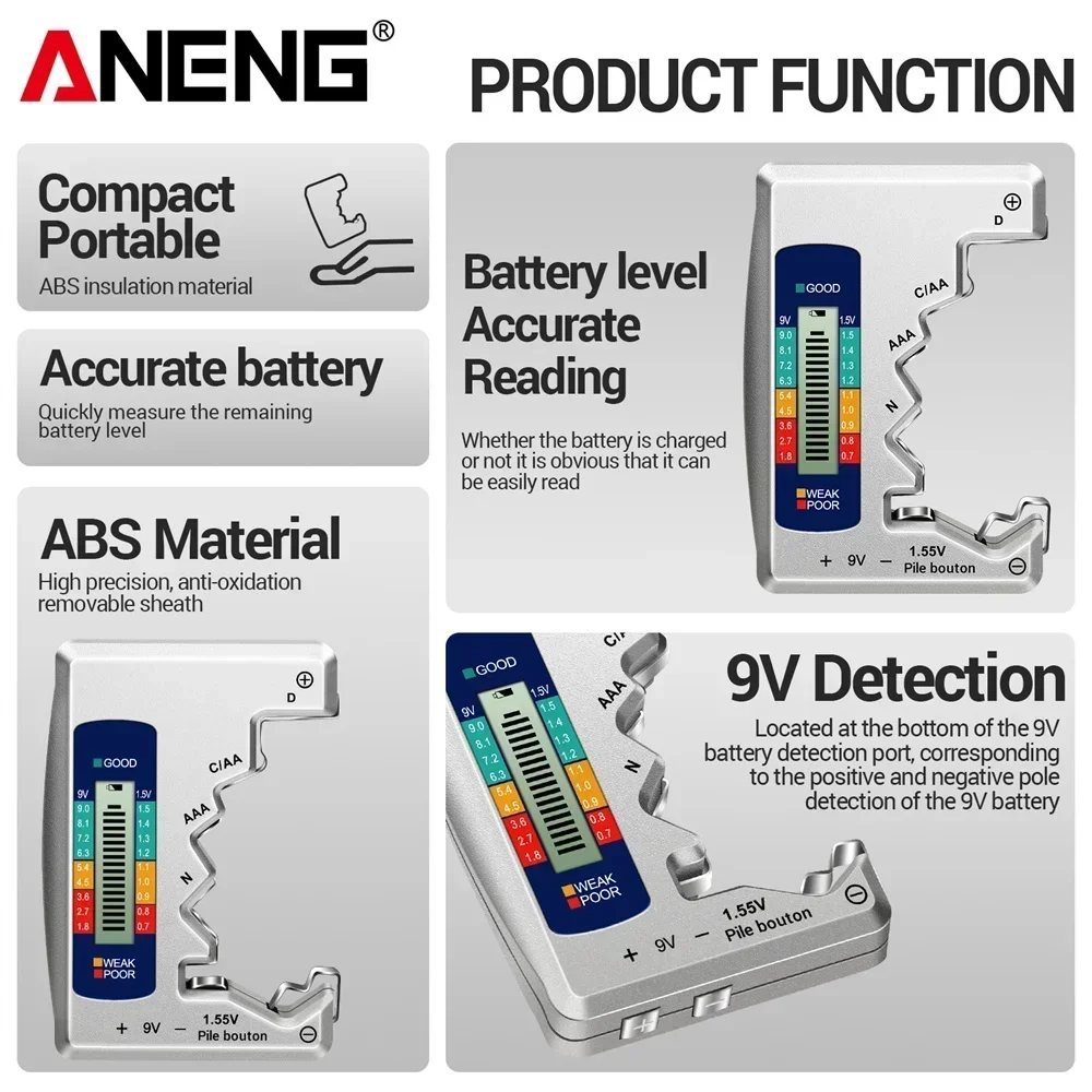 ANENG BT1688 جهاز اختبار بطارية رقمية C AA AAA D N 9 فولت 1.55 فولت زر خلية البطارية شاشة الكريستال السائل كاشف السعة Toos