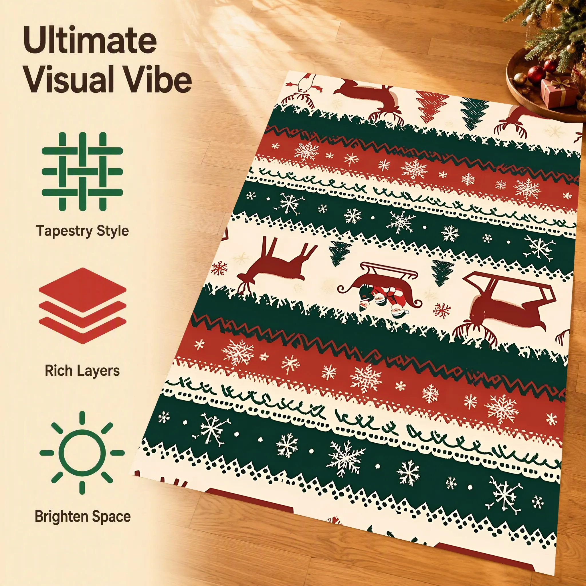 Fair Isle Style Reindeer Snowflake Christmas Tree Pattern Retro Nordic Christmas Velvet Rug, Suitable for Living Room, Bedroom, Bedside, Autumn and Winter Soft Furnishings, Warm and Cozy Atmosphere