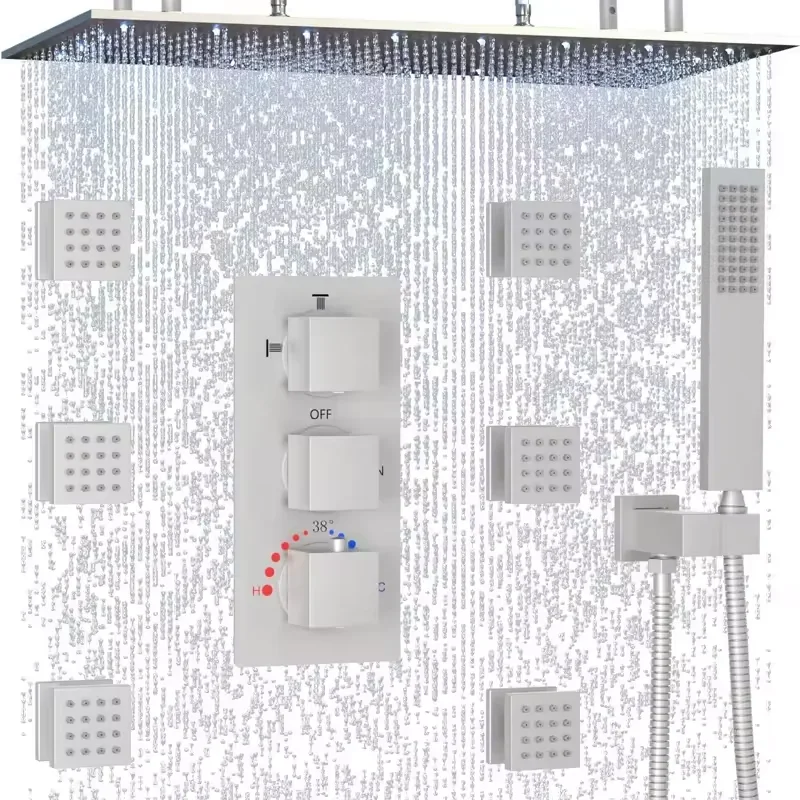 Luxury Brushed Nickel LED Rain Shower System Big Shower Head 15.7*31.5 Inches Three Functions Thermostatic Shower Set