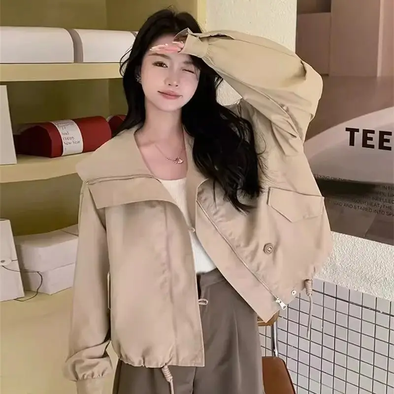 

Khaki Navy Collar Jacket Jacket for Women's 2024 Spring Autumn New Casual Loose Versatile Retro Short top Solid Color Commuting