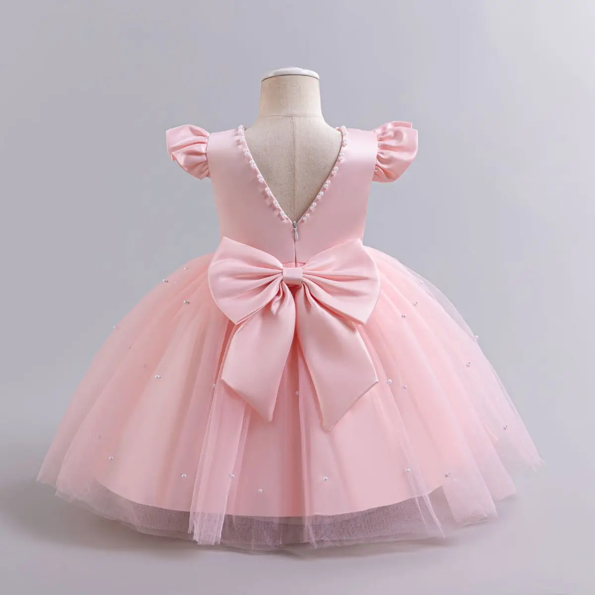 hibobi Girls Princess Dress Elegant Solid Color Knee-Length Bow Pearl Mesh Backless Ballet Skirt Baptism Wedding Party Dress