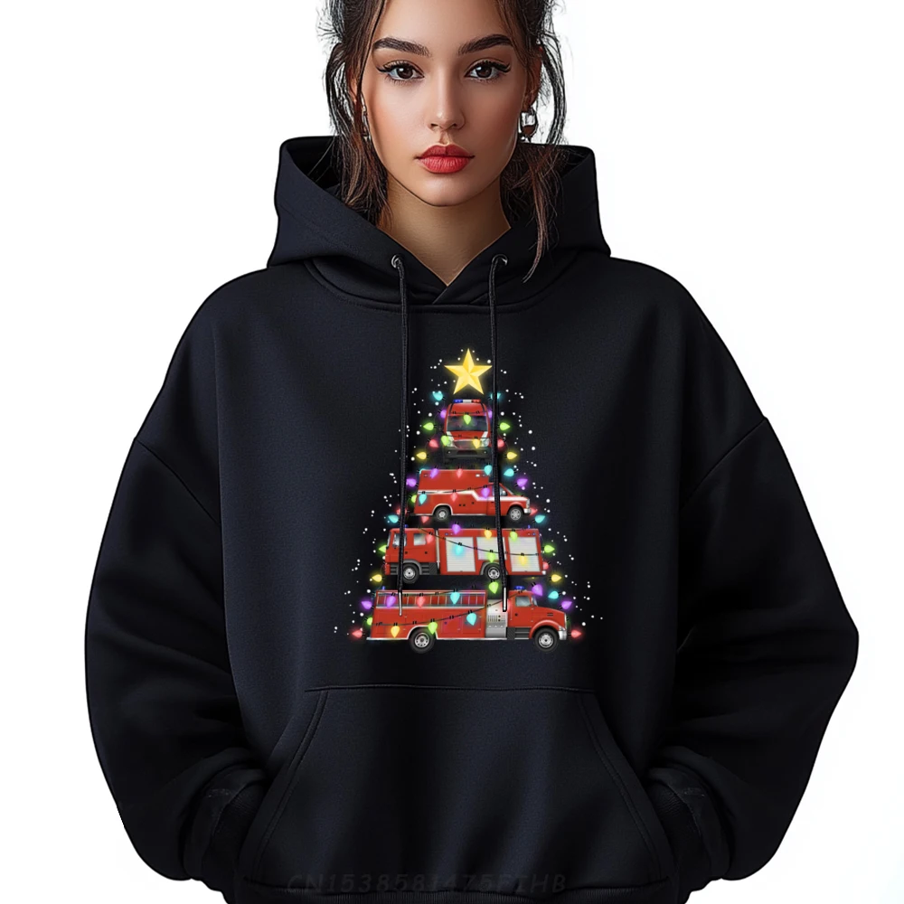 Firefighter Fire Truck Christmas Tree Santa Xmas Light Hoodies Men 100℅ Polyester Fiber Tops Figures