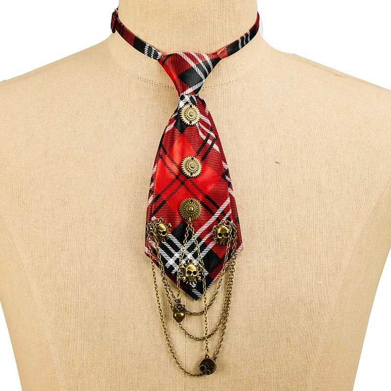

Retro Punk Plaid Necktie Gothic Rock Style Gear Skull Chain Bow Tie Fashion Accessories for Men Women Party Jewelry