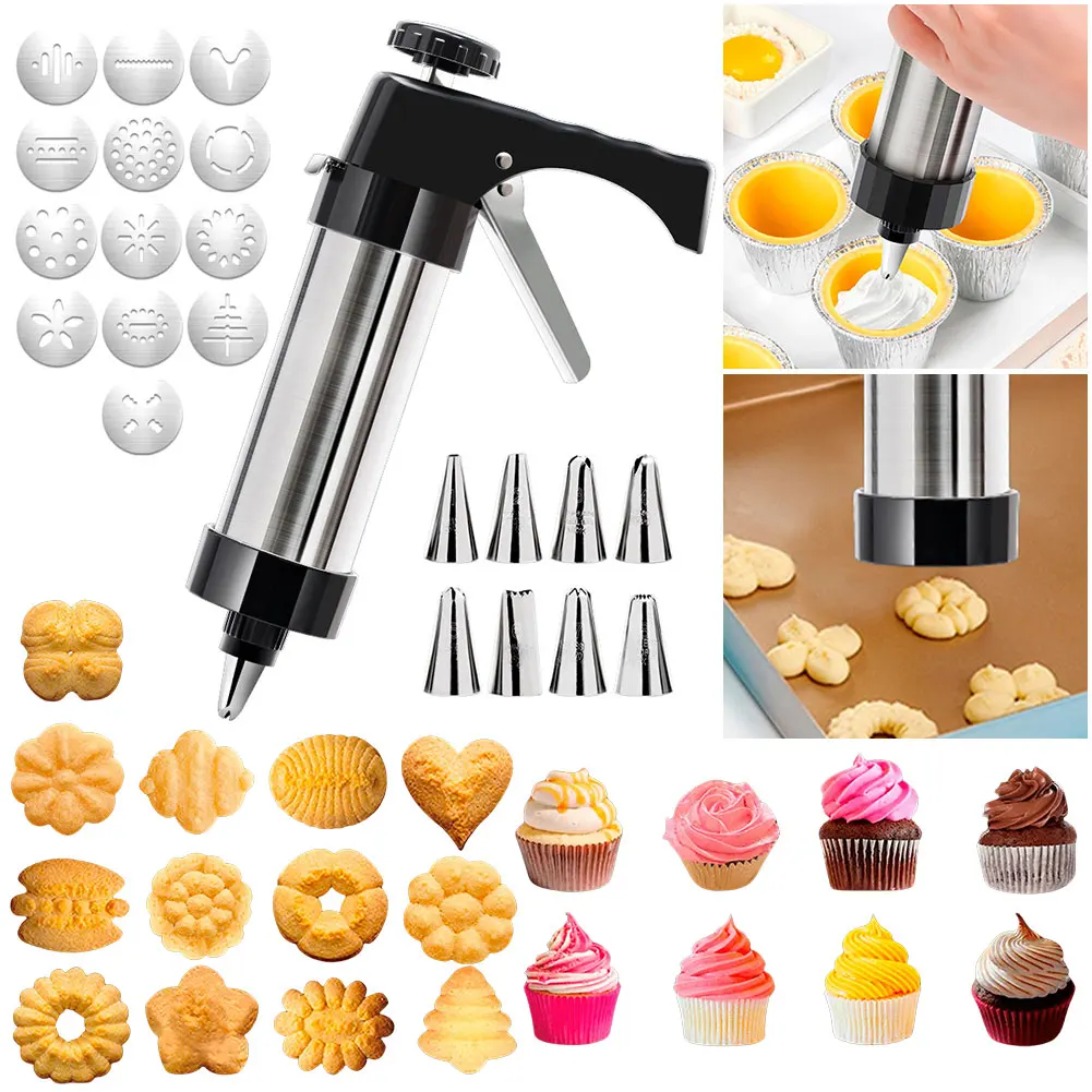 

Cookie Press Gun Kit Stainless Steel Deluxe Cookie Maker with 13 Cookie Discs+8 Icing Nozzles for Making and Decorating Cookies