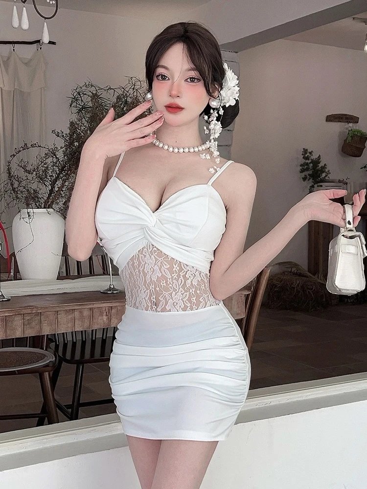 

Sexy Sweet Pure Desire Low Cut Elastic Lace Patchwork ort Wrap around Skirt Base Layer Strap Dr for Ladies V-Neline Bo...