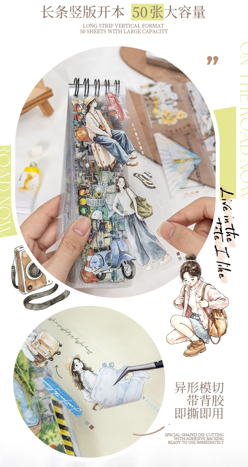 Journal GO Reise-Themen-Aufkleberbuch, 50 Stück Aquarell-Landschafts- und Personen-PET-Aufkleber für Planer, Karten, Tagebücher und Scrapbooks – Detail 11