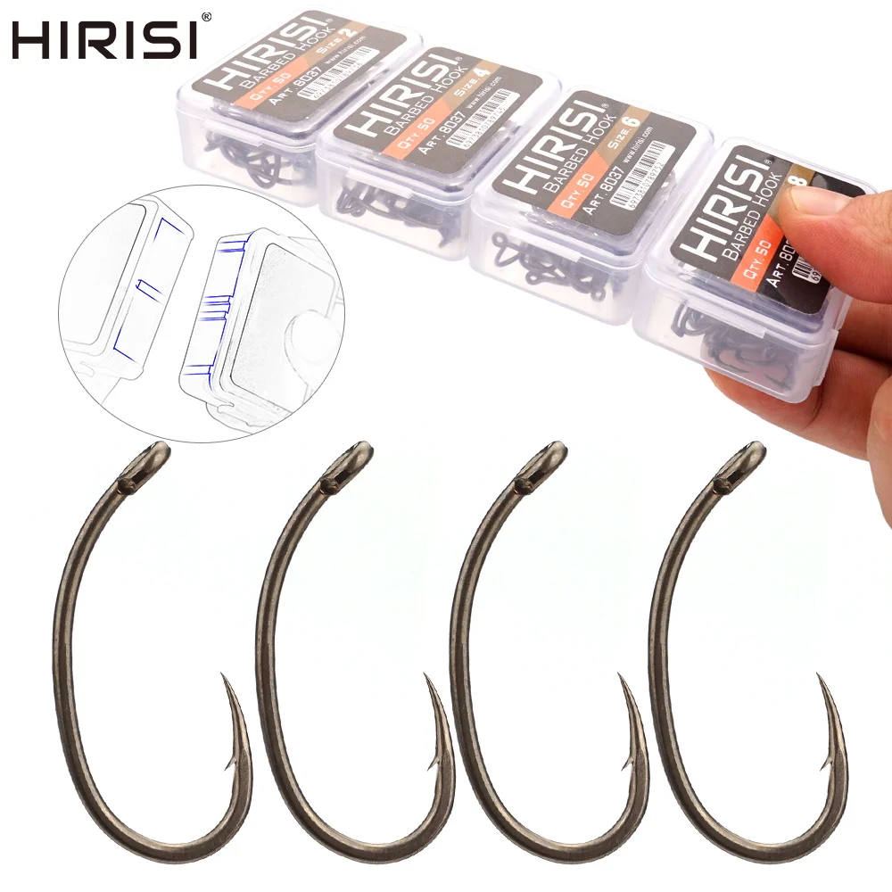 Hirisi 50Pcs High Carbon Stainless Steel Micro Barbed Fish Hook PTFE Coated Spliceable Box Fishing Hook 8037 Fishing Accessories