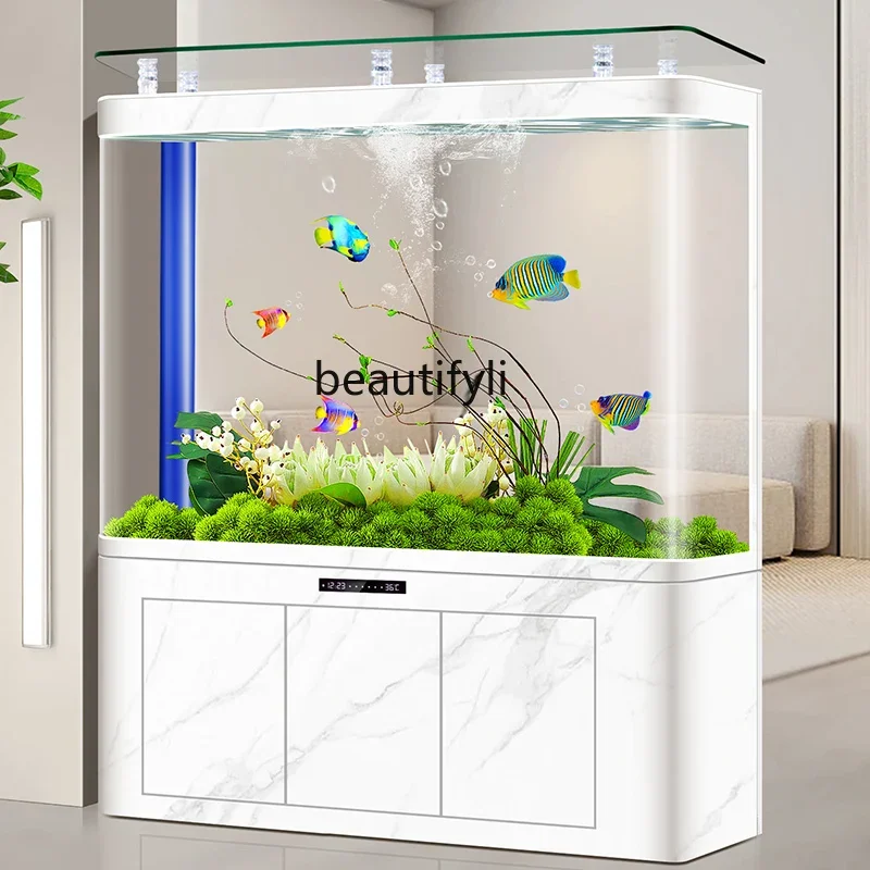 cqyHot bending fish tank living room large floor-to-ceiling glass tank vertical wet and dry separation water tank