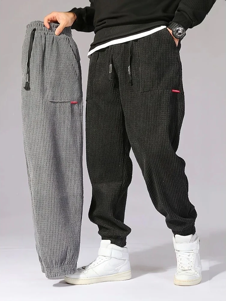 Men's Corduroy Tied mid Waist Leg Pants Velvet Waist Corduroy Trousers Loose Fit Wide Leg Zipper Closure Casual Pants