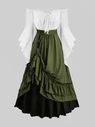 Plus Size Off-The-Shoulder Dress Lace-Up Grommets Ruffles Asymmetrical Hem Flare Sleeves Gown for Women