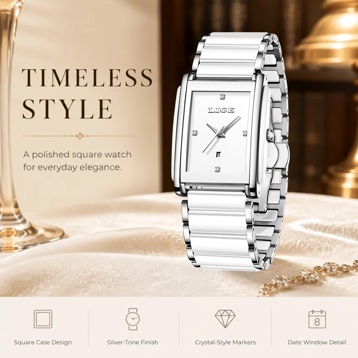 LIGE 2026 Square Watches for Women Simple Elegant Diamond Ceramics Strap Luxury Ladies Bracelet Quartz Watches Gifts Reloj Mujer