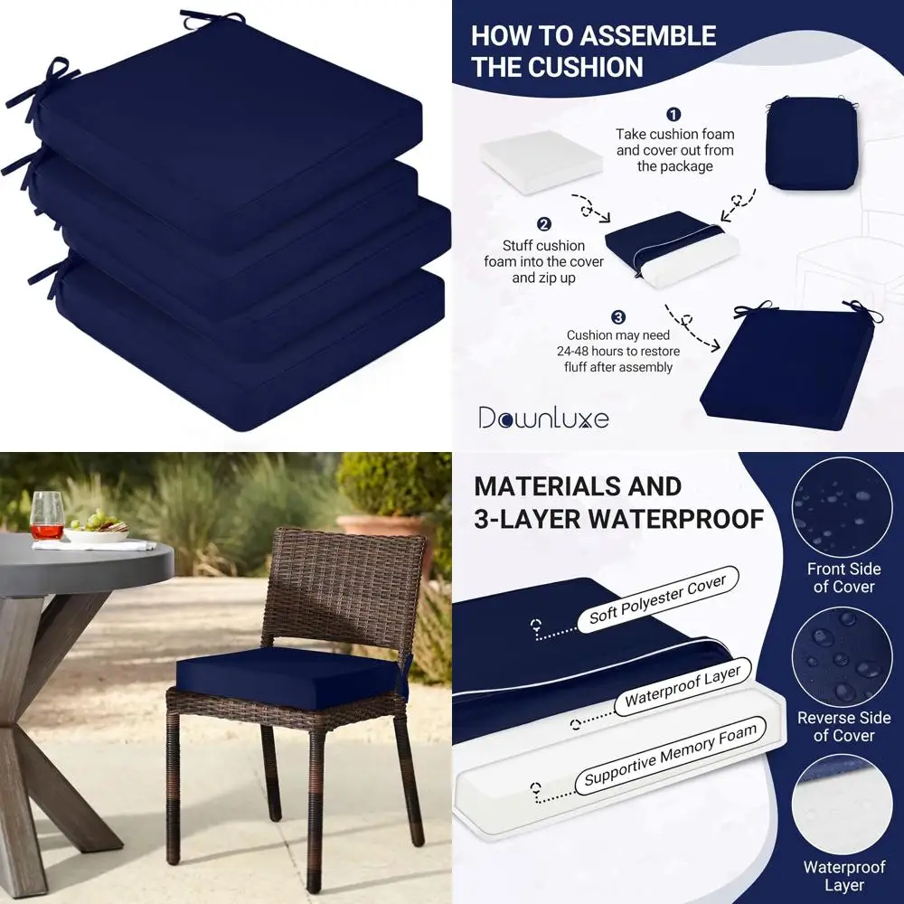 

Набор из 4 водонепроницаемых подушек для уличных стульев, квадратных подушек для патио 19 x 19 x 3 с нескользящими завязками и ручкой, съемная темно-синяя бухта