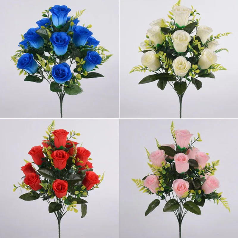 Flores artificiales de 12 cabezas, rosas rojas, flores de seda para escritorio de boda, habitación, ramo de fiesta, arreglos florales falsos, decoraciones para el hogar