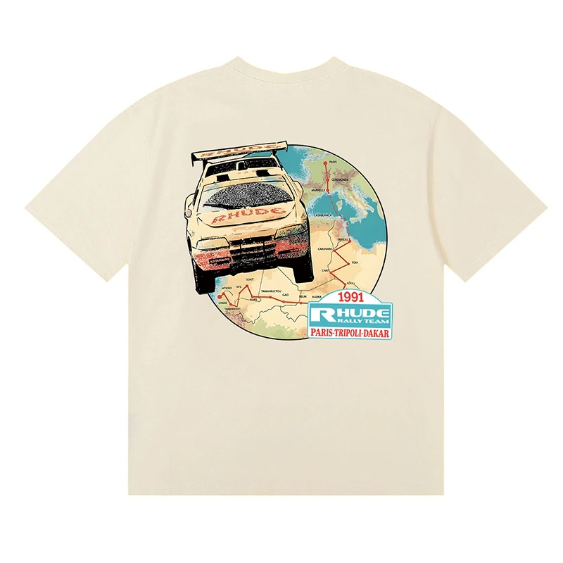 New RHUDE Men's T-Shirt, Loose Oversized Short Sleeve, Retro Rally Team Chest Logo Print Casual Tee