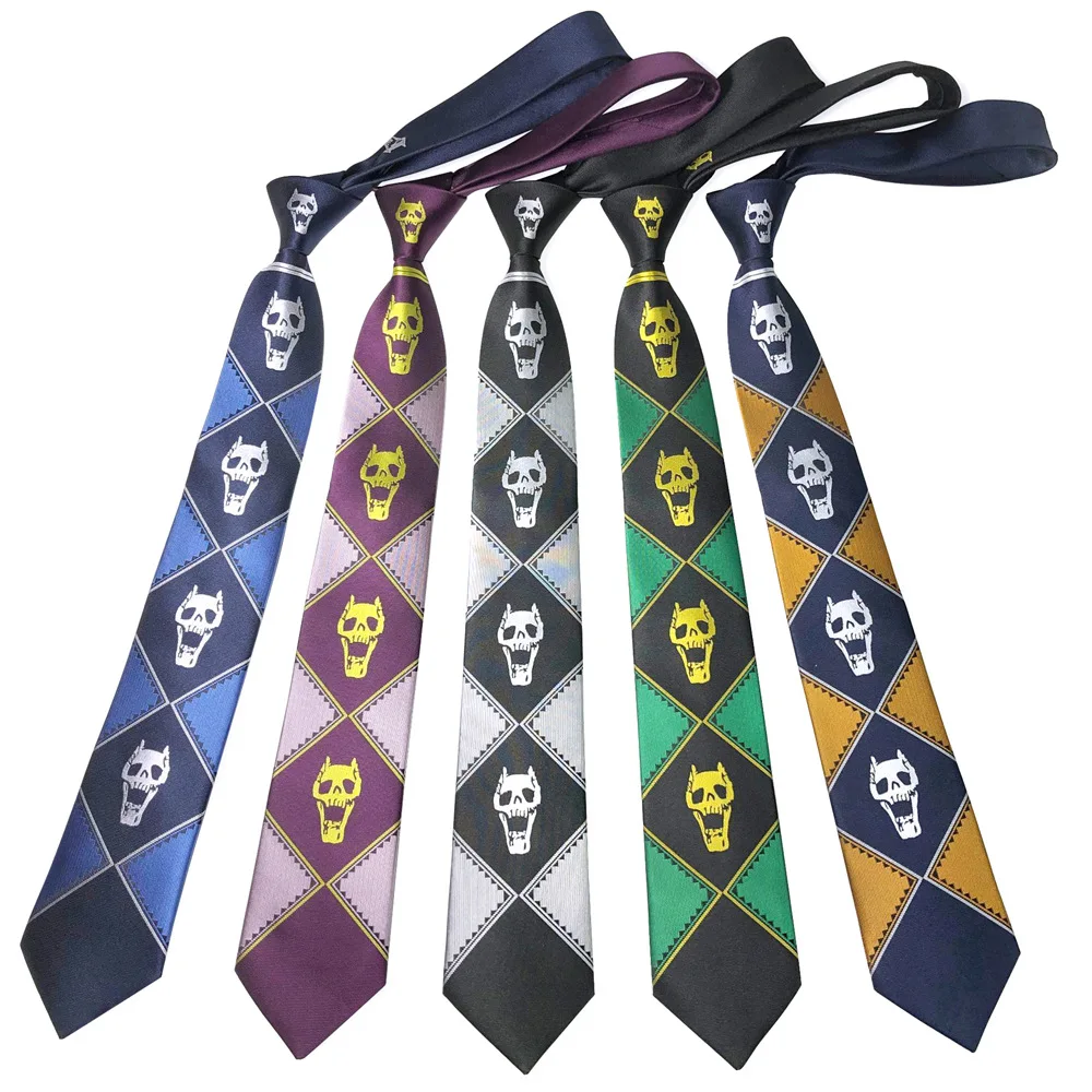 VEEKTIE Brand JoJo Cosplay Bizzare Adventure Kill A Jacquard Tie for Men Skull Check Zipper Pre-tied Hand 7cm Adjustable Crvates