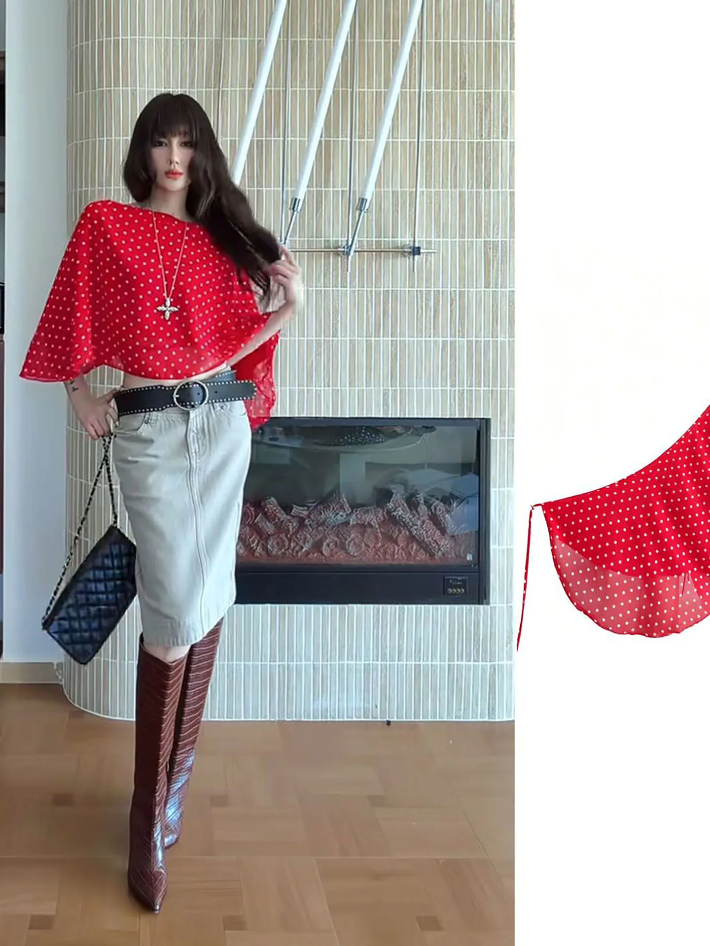 Red Polka Dot One-Piece Scarf Curtain Women's Multi-Ways Cowl Neck Shawl Strap Halter  Skirt Large Scarf Casual Style