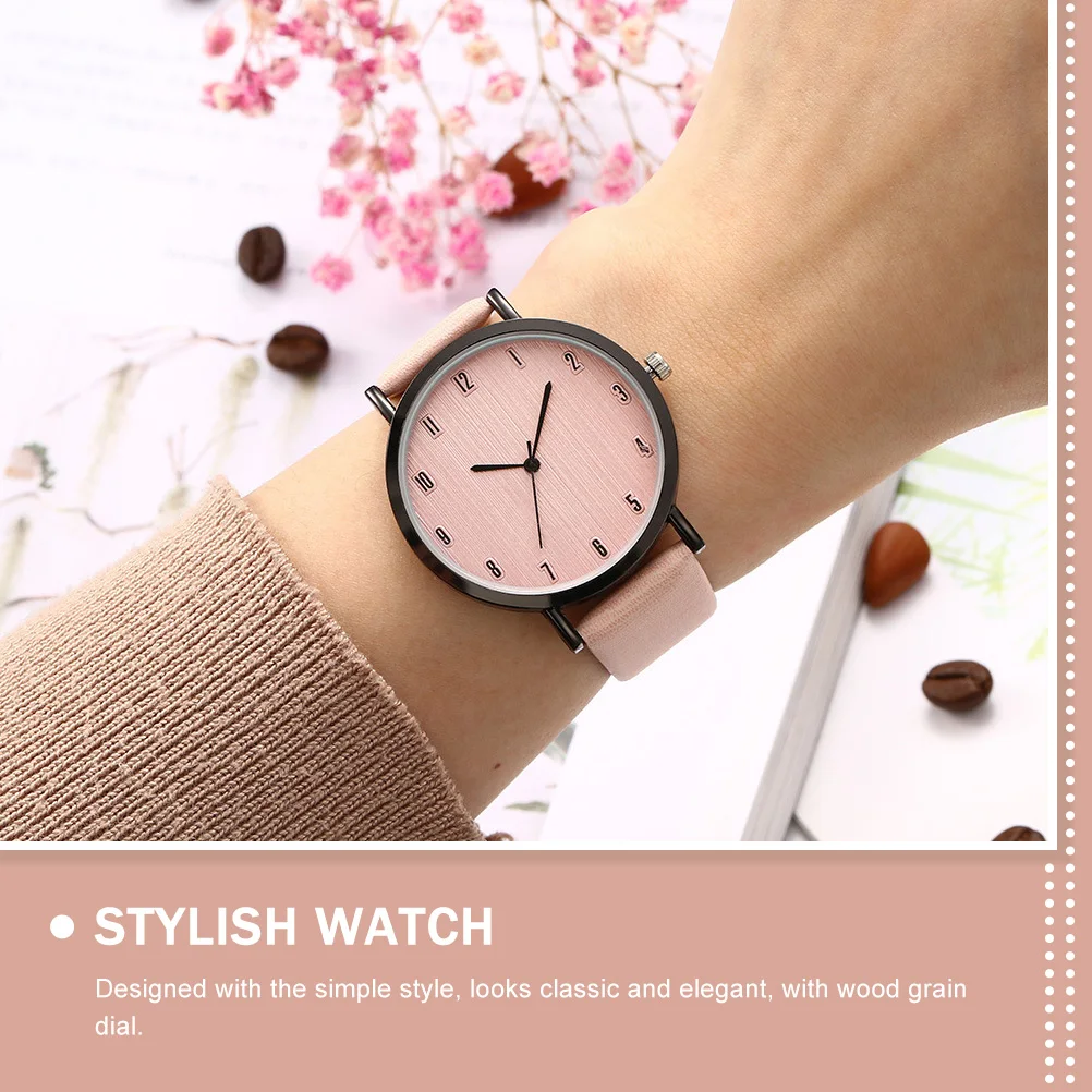 

Quartz Watch Ladies Stainless Steel Pink Strap Fashionable Wrist Watch Women Stylish Wood Grain Dial Precise Timekeeping Casual
